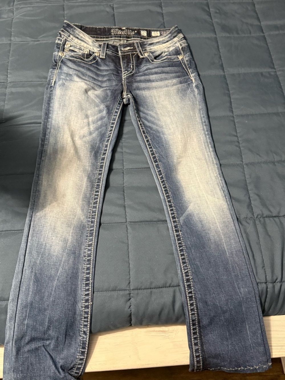 Miss Me Distressed Boot Cut Jeans in Faded Blue
